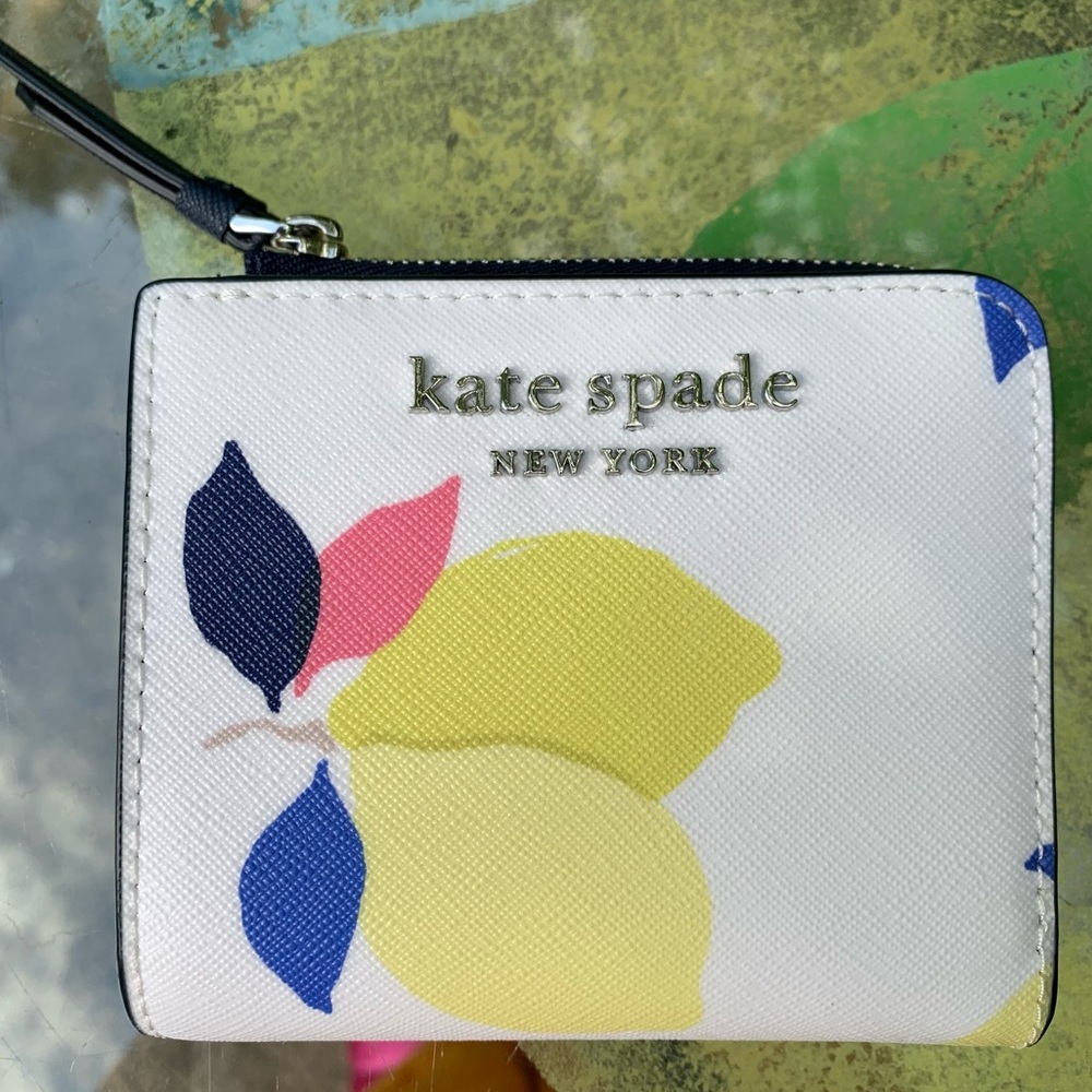 KATE SPADE Cameron Lemon Zest SMALL L-ZIP BIFOLD WALLET! I.D. Window Coord Set